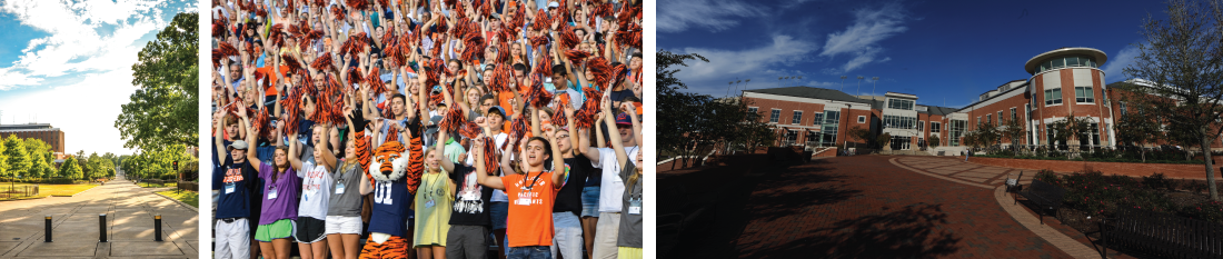 banner image collage - concourse, Aubie and students at football game, outside view of student center